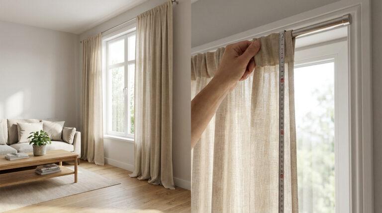 Personne mesurant la longueur d'un rideau beige suspendu à une tringle devant une fenêtre moderne.