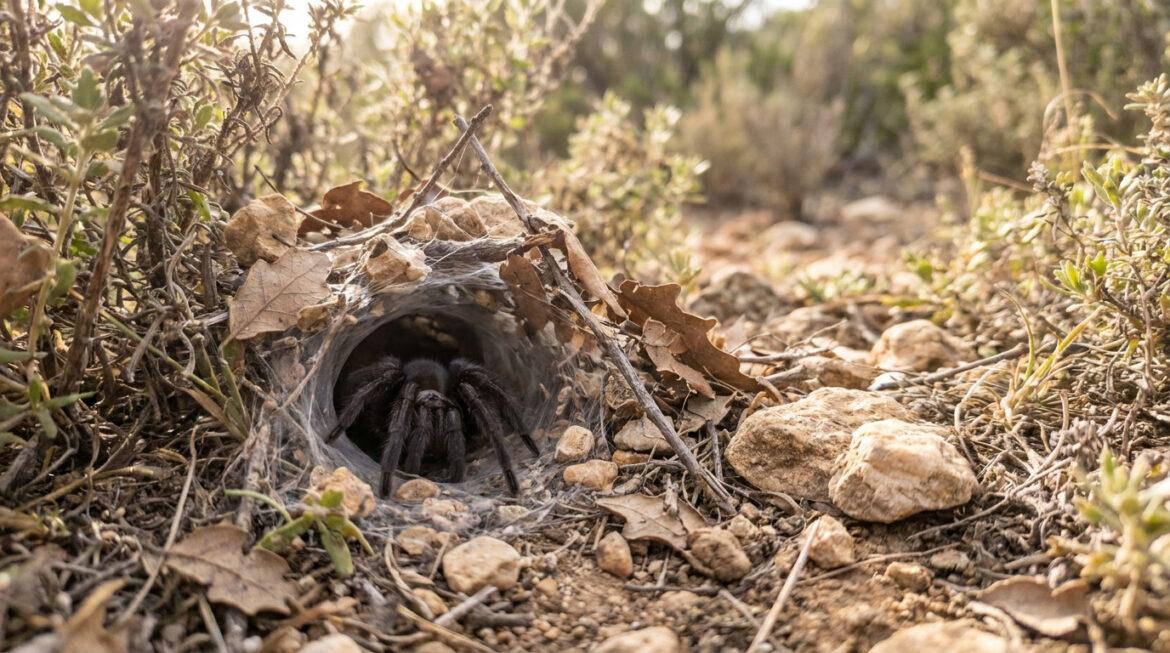 Une mygale de Provence sombre sortant de son terrier tapissé de soie dans un environnement rocheux et sec.