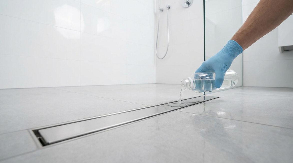 Comment éliminer une odeur de douche italienne tenace ? Une personne gantée verse un produit nettoyant dans la rigole d'évacuation d'une douche à l'italienne.