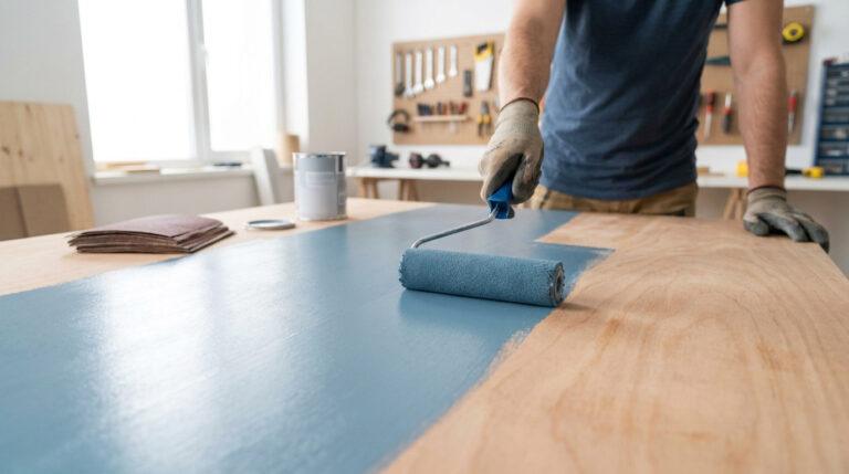Comment peindre du contreplaqué pour un rendu professionnel Un homme portant des gants applique de la peinture bleue sur une planche en contreplaqué avec un rouleau.