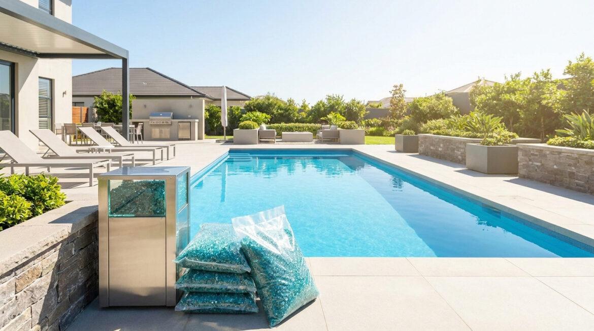 Des sacs de verre filtrant bleu empilés près d'une piscine extérieure moderne et ensoleillée.