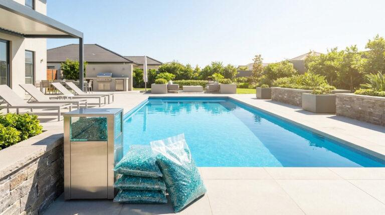 Quelle quantité de verre piscine pour votre filtre ? Des sacs de verre filtrant bleu empilés près d'une piscine extérieure moderne et ensoleillée.