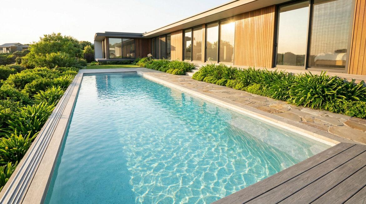 Installer une piscine à 1m de sa maison : règles et risques Piscine rectangulaire située le long d'une maison moderne avec une terrasse en bois et des plantes verdoyantes.