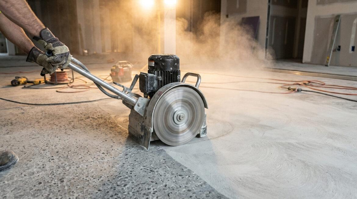 Comment lisser du béton sec : les meilleures techniques Un ouvrier utilise une ponceuse à béton électrique sur un sol sec, générant de la poussière sur un chantier.