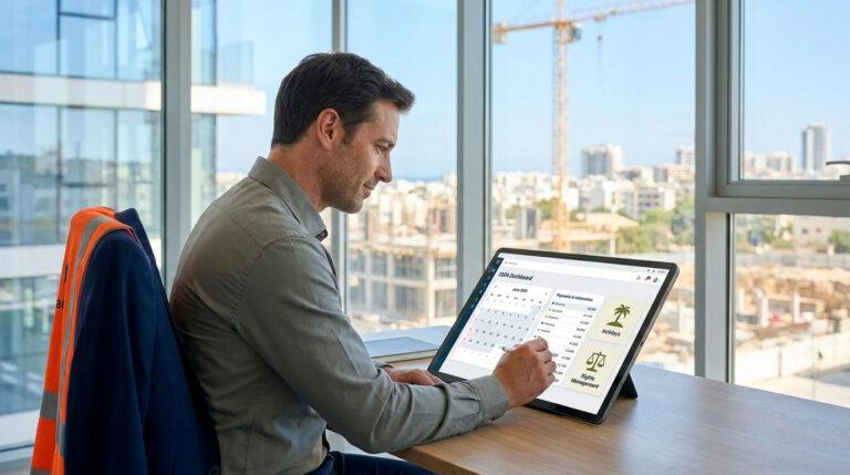 Homme travaillant sur une tablette numérique face à un chantier de construction depuis un bureau vitré.