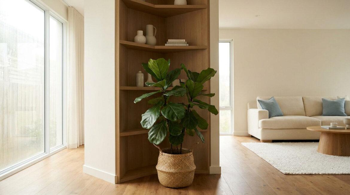 Neutraliser le sha chi feng shui pour retrouver la sérénité Une grande plante verte dans un panier en osier adoucit l'angle d'une étagère en bois dans un salon lumineux.