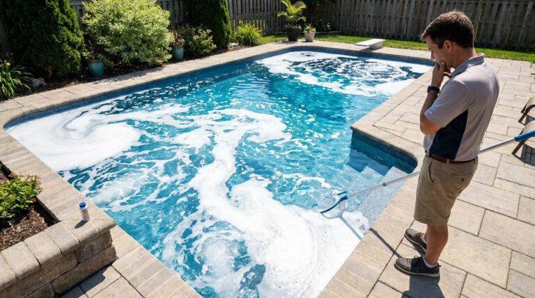 Surdosage anti algues : identifier et corriger l’excès Un homme observe avec inquiétude une piscine remplie d'une épaisse mousse blanche causée par un surdosage d'anti-algues.