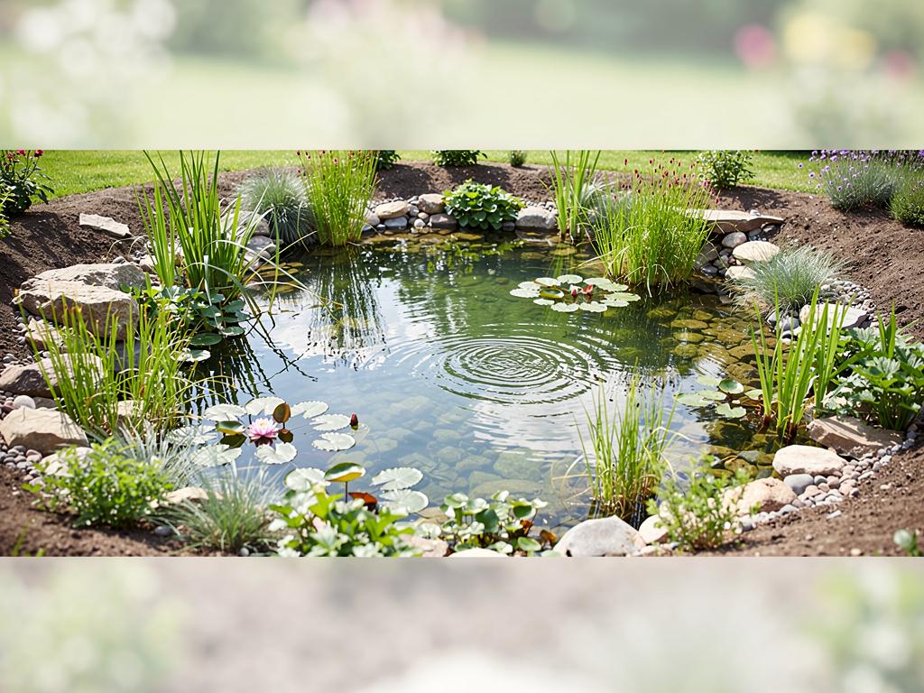 Étang de jardin aménagé avec végétation aquatique et berges naturelles