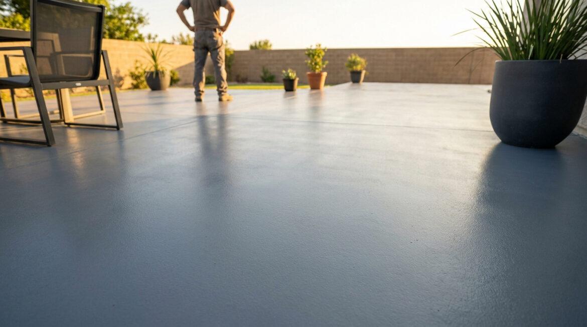 Terrasse en béton peinte en gris avec une finition lisse, vue sous le soleil avec un homme debout au loin.