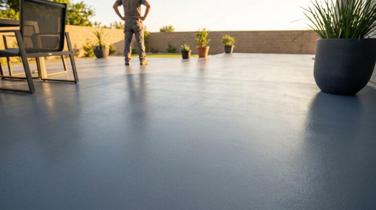 Terrasse en béton peinte en gris avec une finition lisse, vue sous le soleil avec un homme debout au loin.