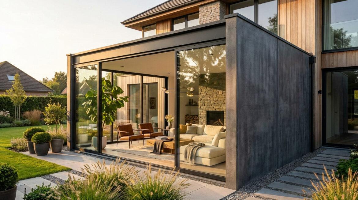 Une véranda moderne avec un mur plein en béton gris et de grandes baies vitrées donnant sur un salon confortable.