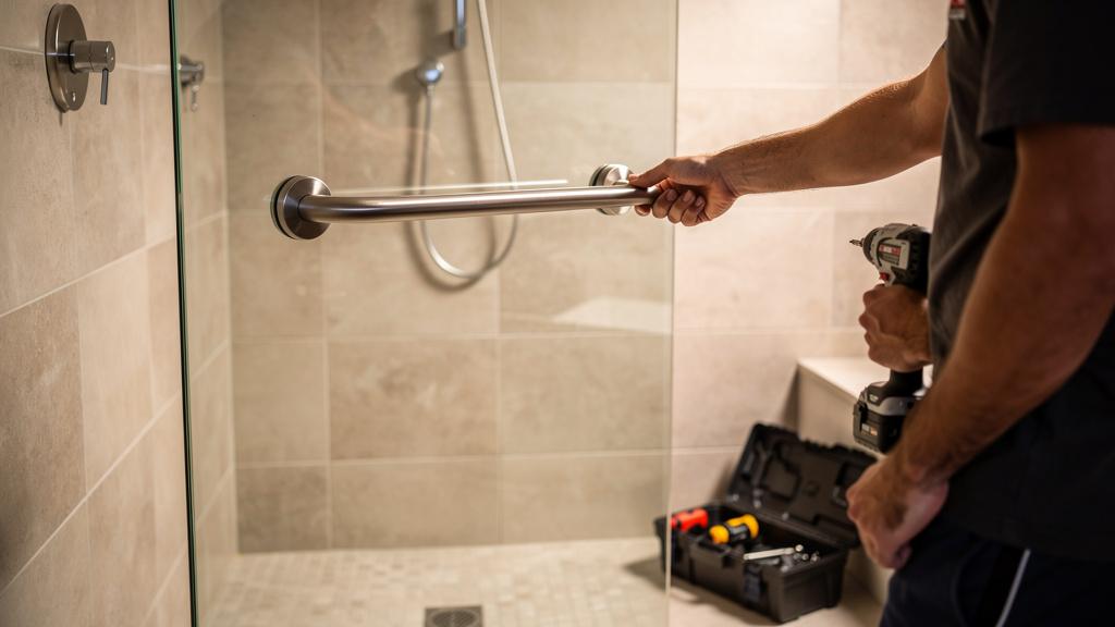 Artisan installant une barre d'appui dans une douche à l'italienne