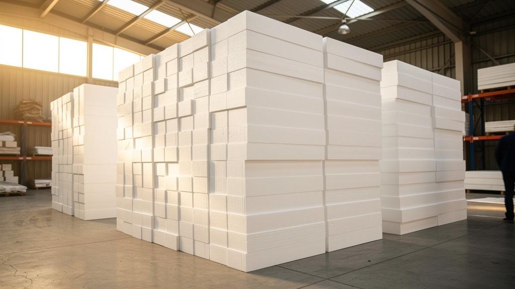 Blocs de polystyrène empilés dans un entrepôt de négoce en matériaux de construction