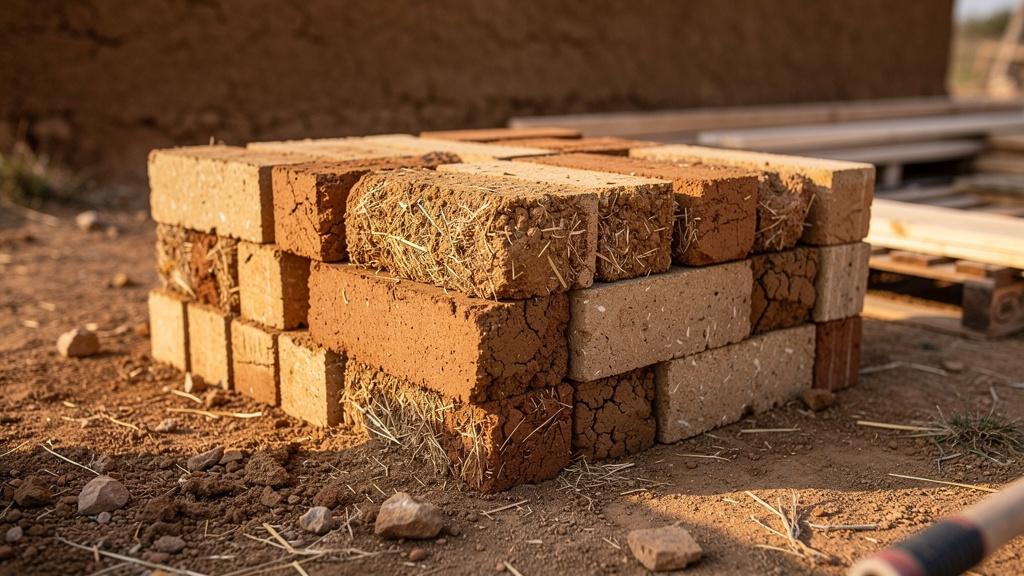 Briques de terre crue empilées avant utilisation sur un chantier