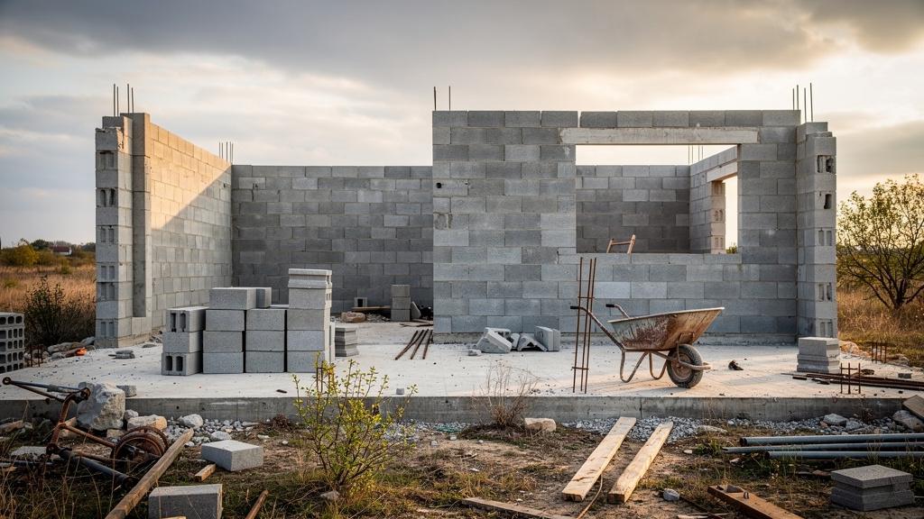 Chantier de maison individuelle abandonné avec murs en parpaings inachevés