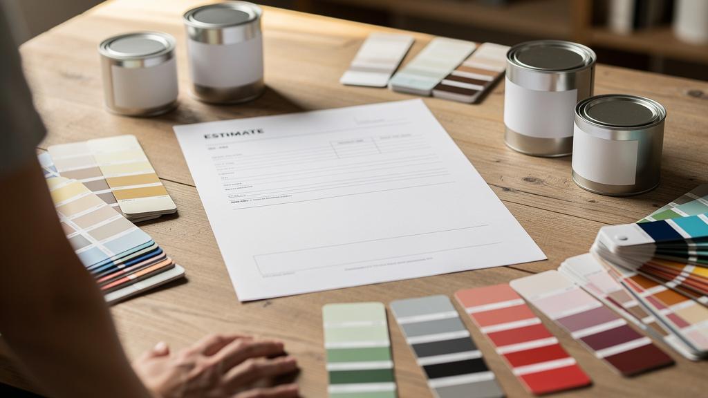 Devis de peinture posé sur une table avec des échantillons de couleurs
