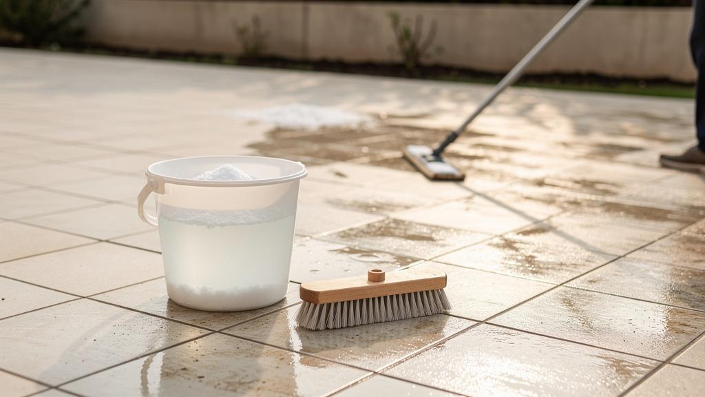 Nettoyage d'une terrasse carrelée avec du percarbonate de soude
