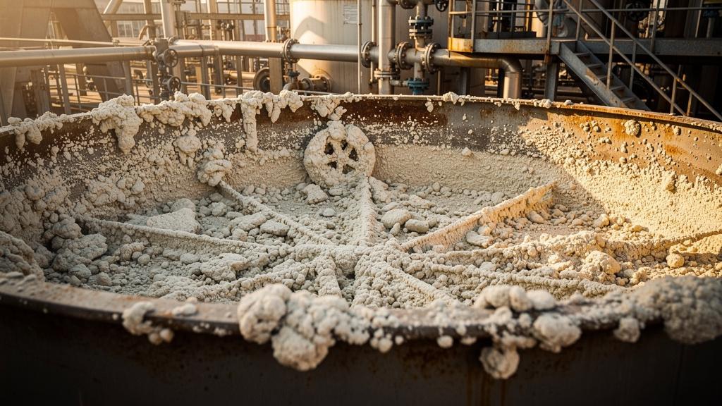 Réservoir entartré d'une centrale vapeur avec dépôts calcaires visibles