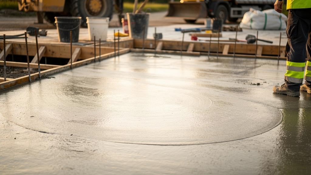 Surface de béton fraîchement coulé et lissé sur un chantier extérieur