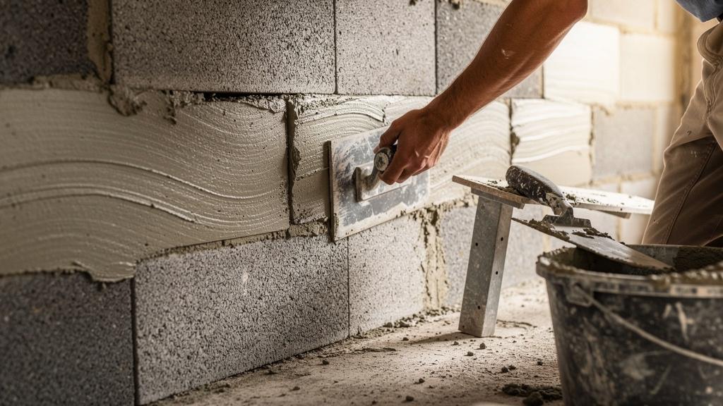 Surface de parpaing en cours d'enduisage à la taloche