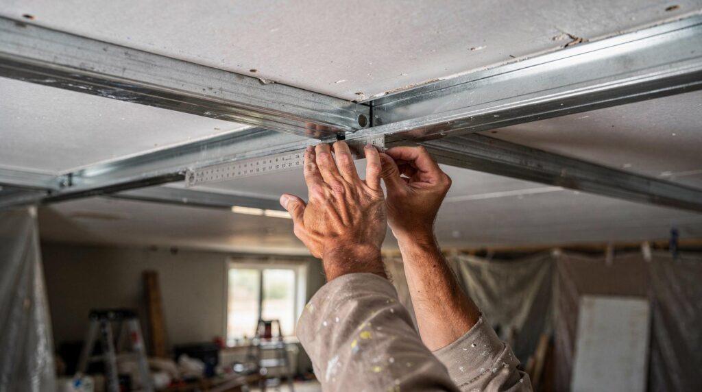 Artisan posant des rails métalliques au plafond