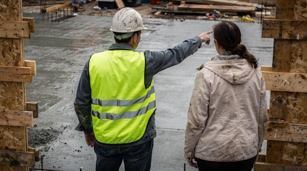 Constructeur examinant des plans sur un chantier de maison individuelle
