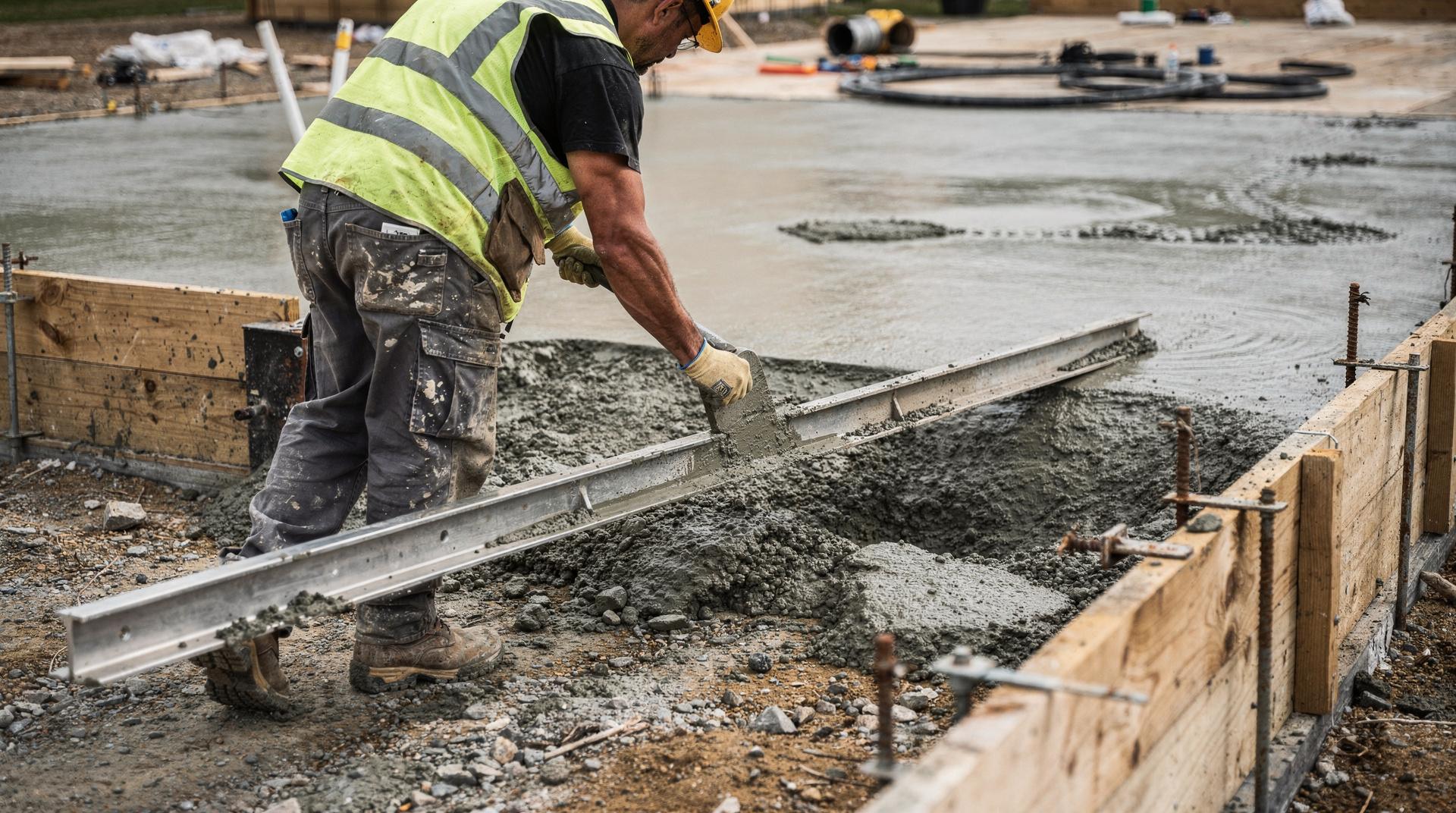 Dalle de béton en cours de coulage avec une règle de maçon pour égaliser l'épaisseur