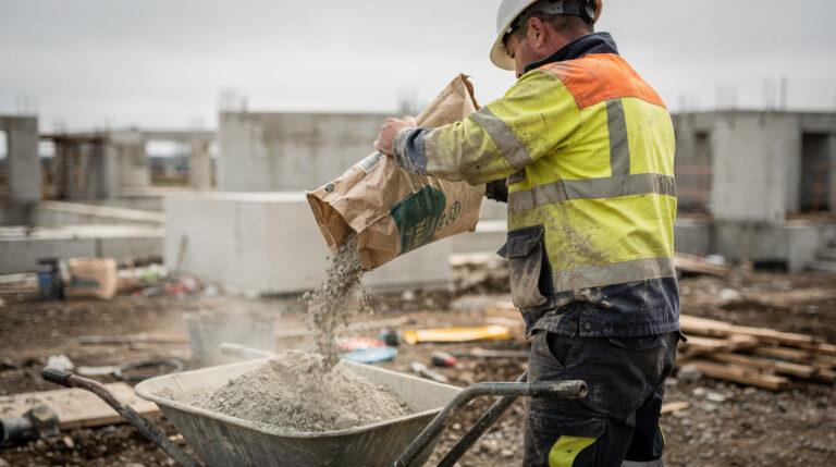 Homme versant du béton depuis un sac de 25 kg dans une brouette sur un chantier extérieur