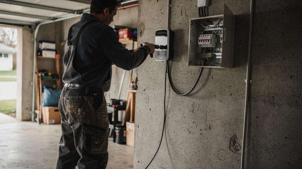Électricien en train de fixer une wallbox sur un mur de garage
