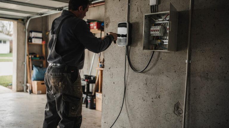Électricien en train de fixer une wallbox sur un mur de garage