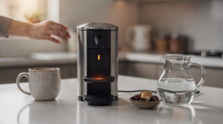 Machine Nespresso Vertuo sur plan de travail avec voyant orange allumé