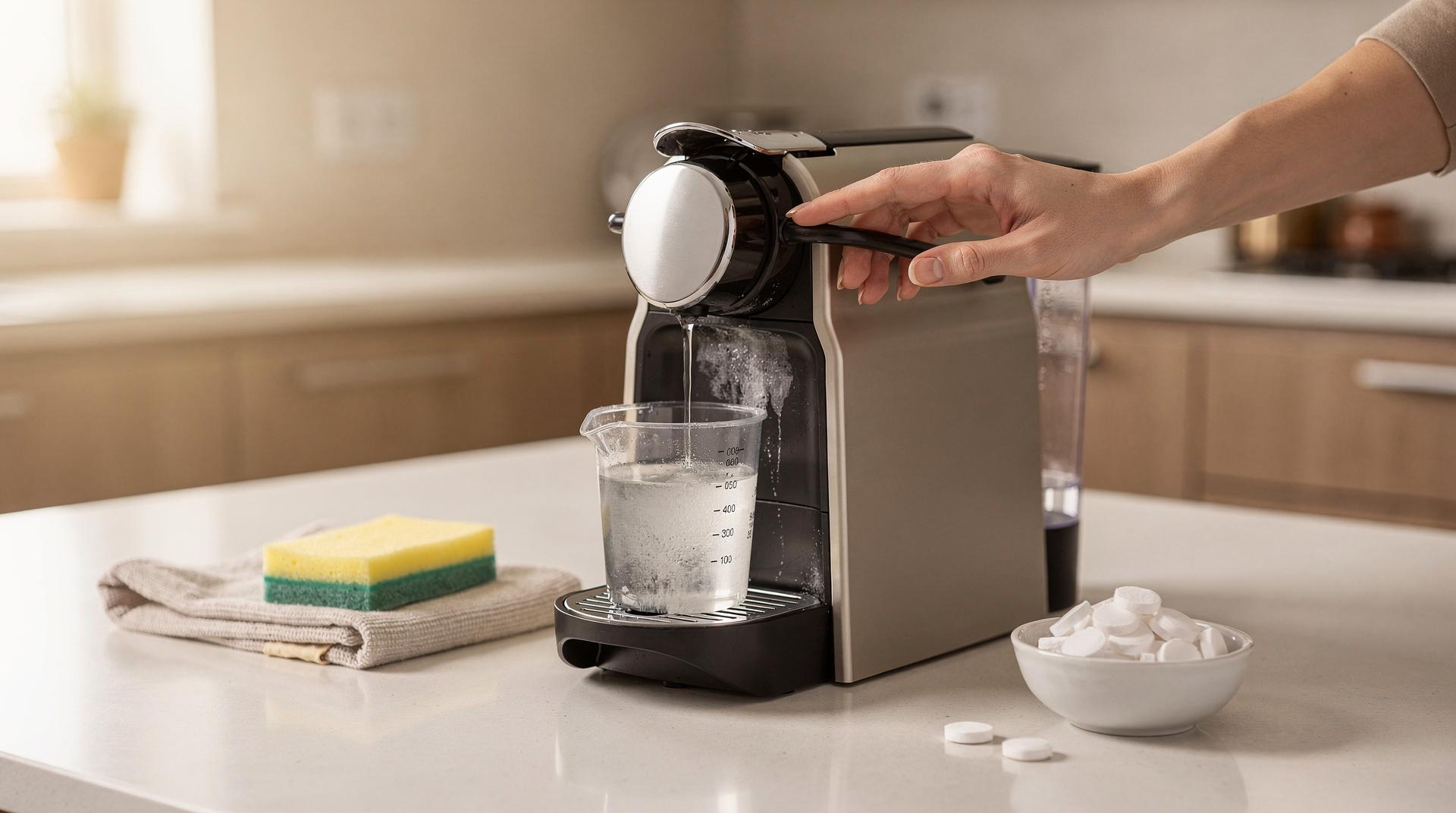 Personne en train de détartrer une cafetière à dosette