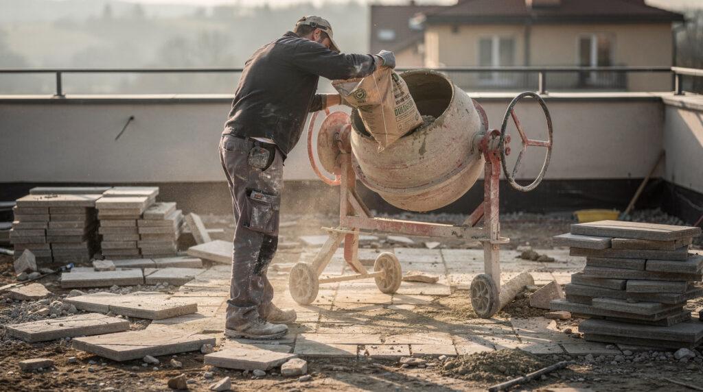 Sac de béton tout prêt de 35 kg ouvert à côté d'une bétonnière
