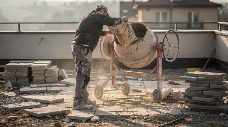 Sac de béton tout prêt de 35 kg ouvert à côté d'une bétonnière