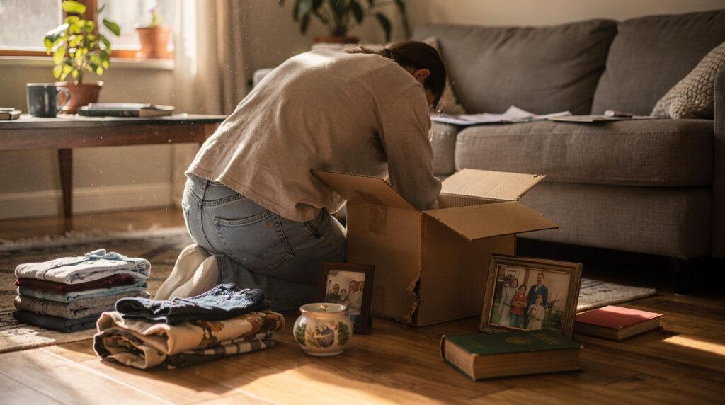 Tri de cartons et affaires personnelles dans un appartement après un décès