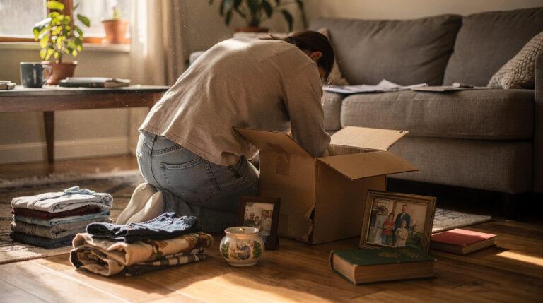 Tri de cartons et affaires personnelles dans un appartement après un décès
