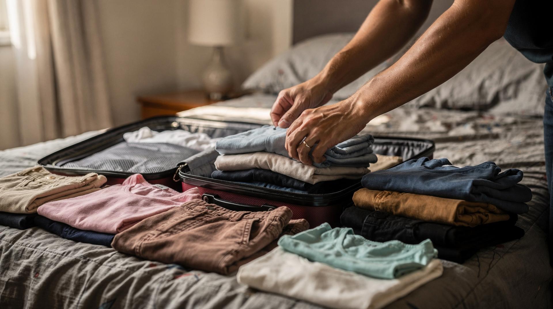 Vêtements soigneusement pliés dans une valise ouverte lors d'un tri d'affaires