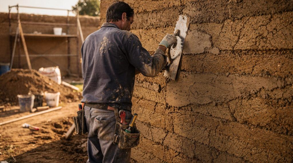 Artisan appliquant un enduit en terre crue sur un mur de pisé