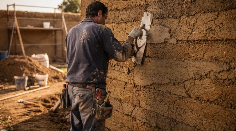 Artisan appliquant un enduit en terre crue sur un mur de pisé