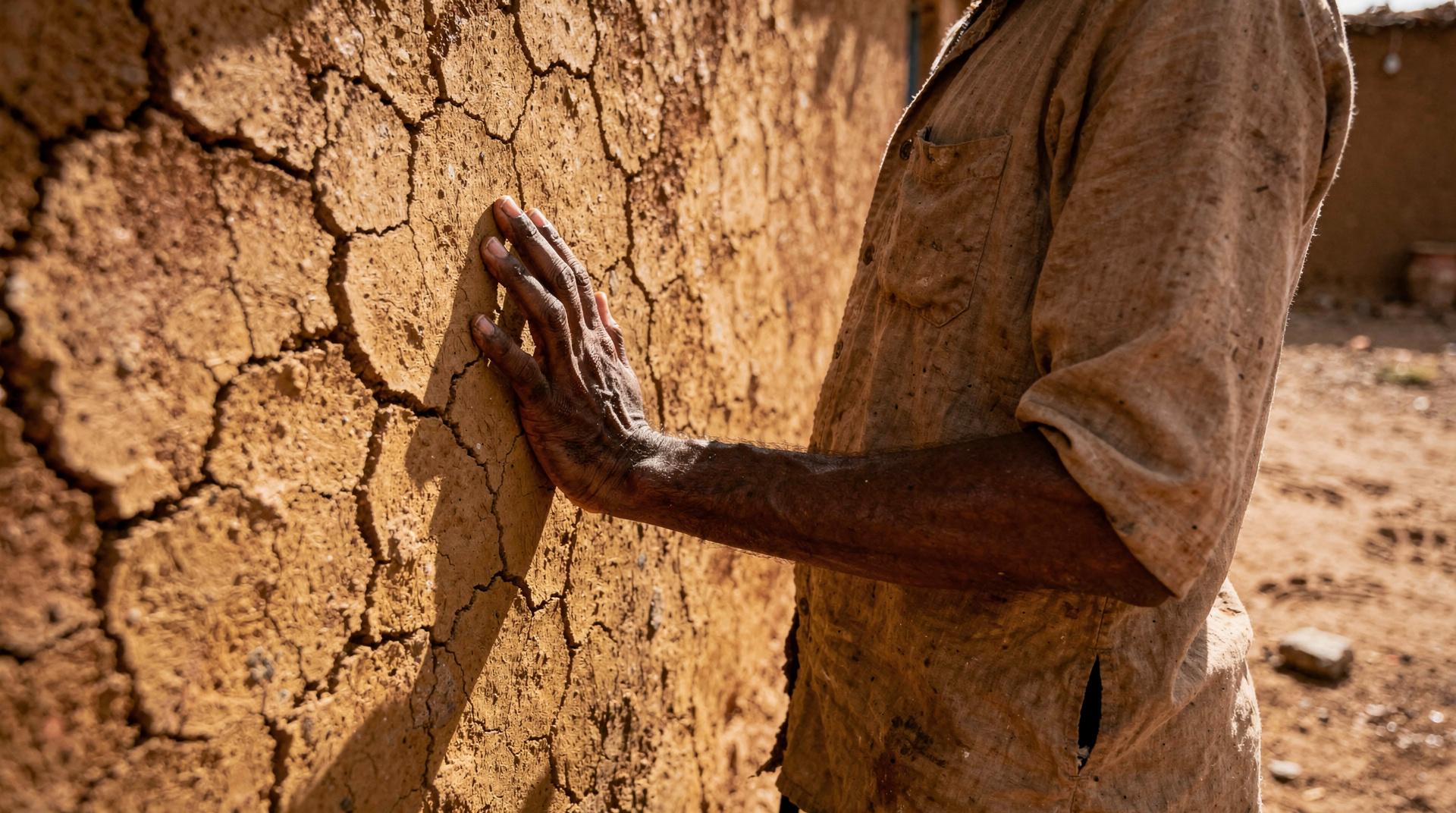 Fissures de retrait sur un mur en terre crue non entretenu