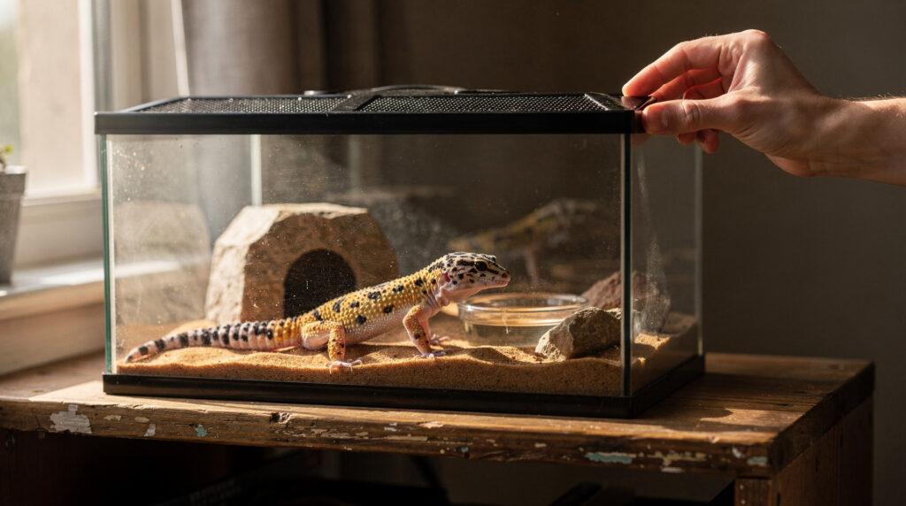 Gecko léopard observé de près dans un terrarium avec substrat sableux
