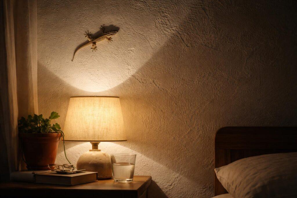 Gecko méditerranéen accroché à un mur blanc près d'une lampe allumée le soir