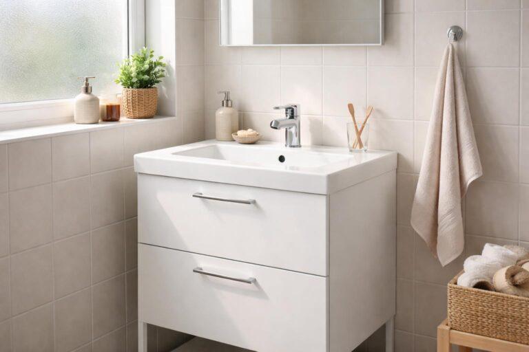 Meuble vasque blanc avec lavabo encastré dans une salle de bain moderne