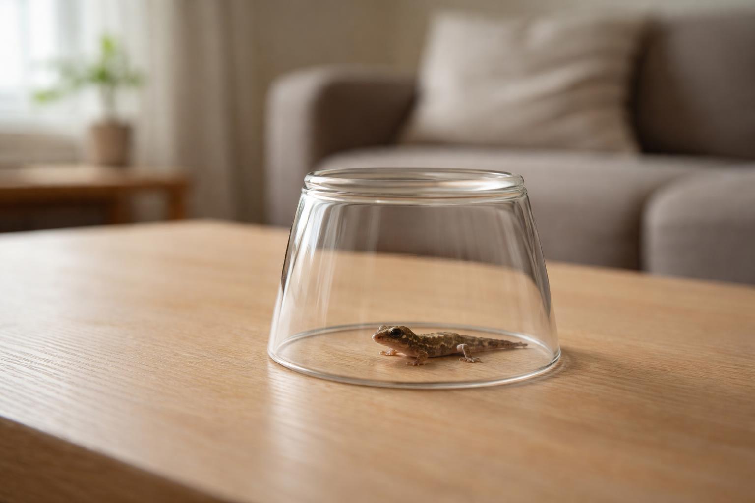 Personne capturant doucement un gecko avec un verre retourné contre un mur