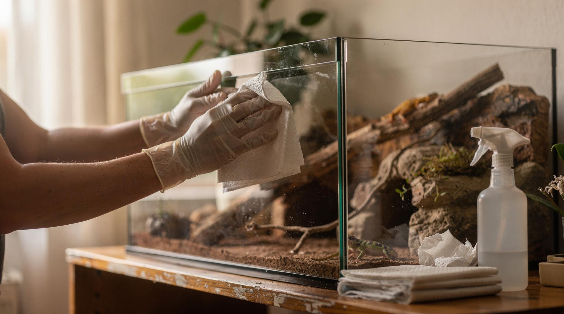 Personne en gants nettoyant soigneusement les parois vitrées d'un terrarium de reptile