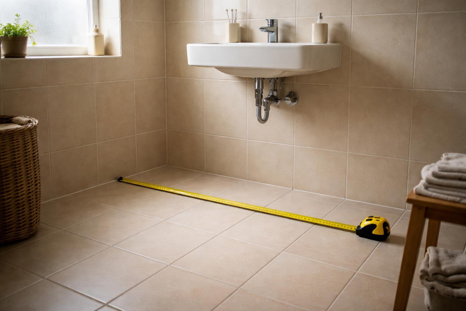 Personne en train de mesurer la largeur d'un espace sous lavabo avec un mètre ruban